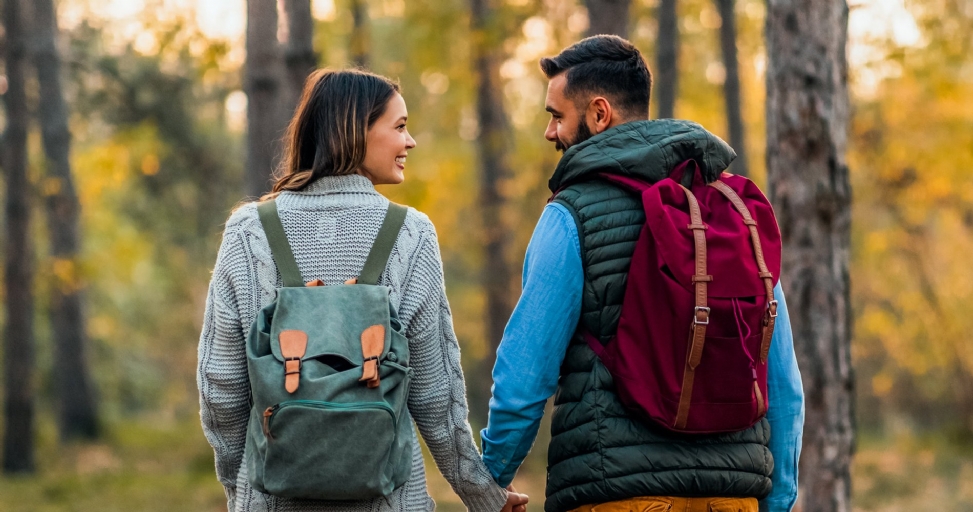 A smiling couple with backpacks holding hands while walking in an autumn forest.