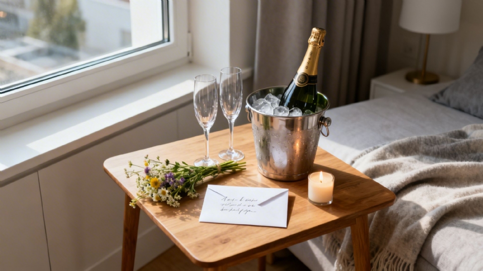 A romantic setup with champagne, flutes, flowers, and a candle on a table next to a bed.