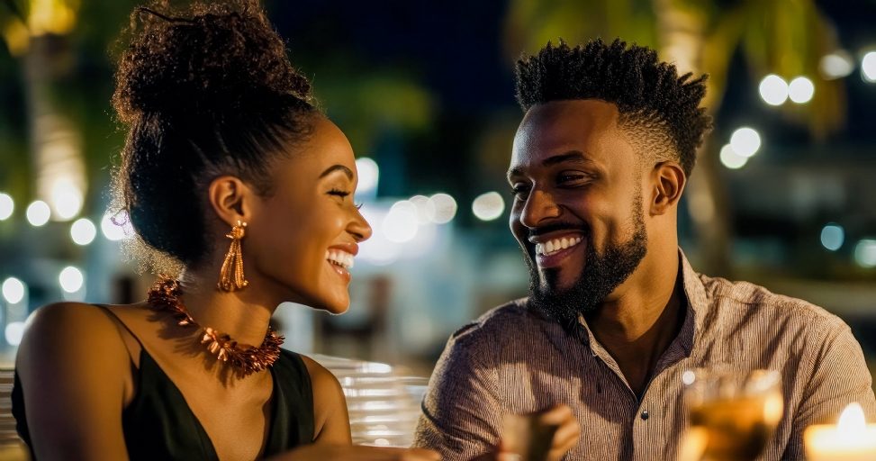 A joyful Black couple smiling at each other in an outdoor evening setting with blurred lights.