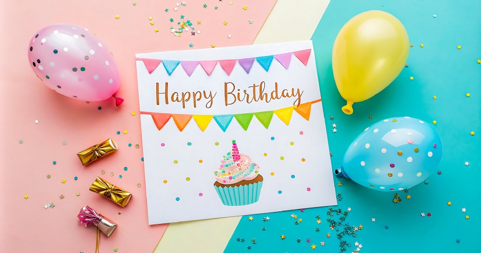 A vibrant 'Happy Birthday' card surrounded by colorful balloons, confetti, and small wrapped gifts on a pink and teal background.