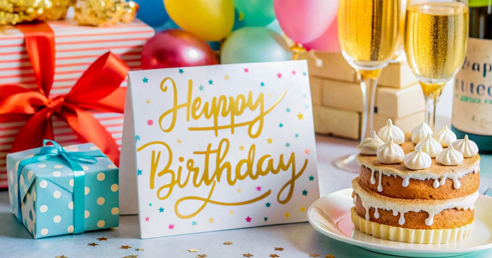 A cheerful birthday setup featuring a card, wrapped presents, a two-tier cake, and champagne glasses.