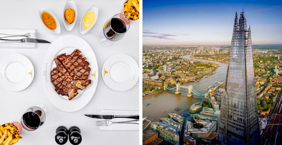 Bird’s-eye view of steak dinner at Marco Pierre White’s London Steakhouse with aerial Shard and London skyline