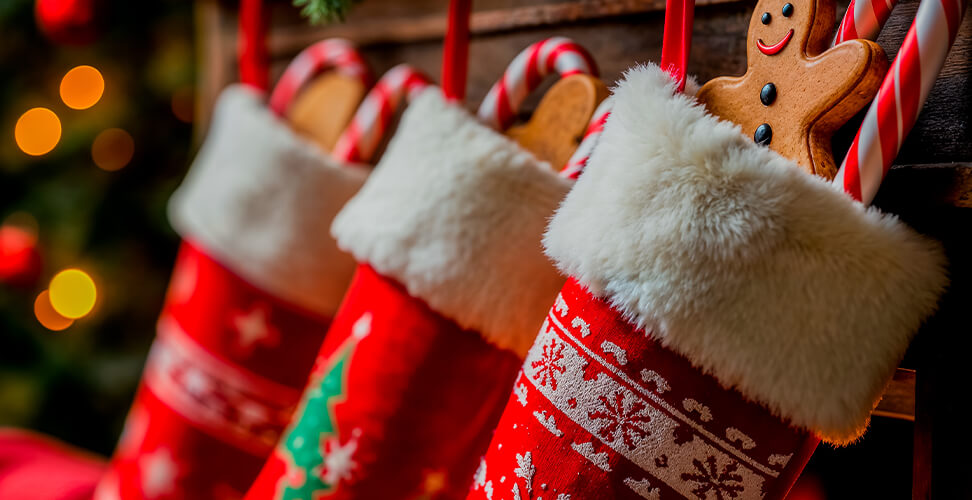 Three Christmas stockings hung with gingerbread men and candy canes – festive holiday decor, seasonal decorations, Christmas cheer