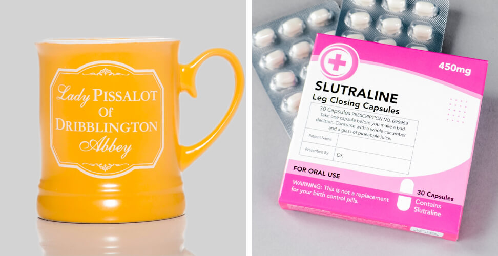 Lady Pissalot of Dribblington Abbey mug and Slutraline Leg Closing capsule mints, funny adult novelty gifts and cheeky Christmas or birthday present idea