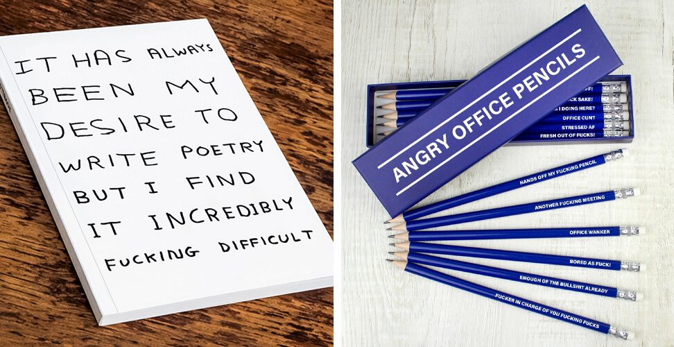 Novelty rude notebook and angry office pencil set with rude slogans, funny stationery and cheeky adult gift idea for Christmas, birthdays, or office humour