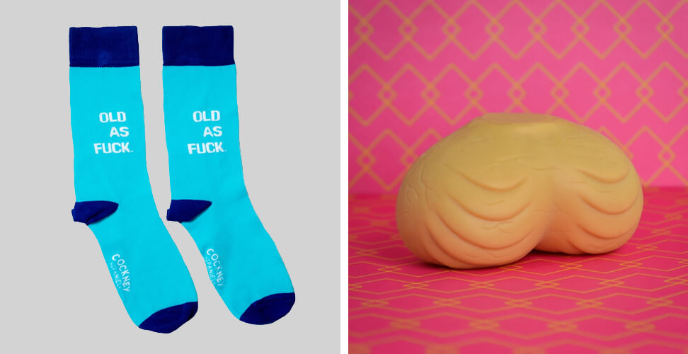 Old as Fuck novelty socks and testicle-shaped stress balls, funny adult gag gifts and cheeky Christmas or birthday present idea