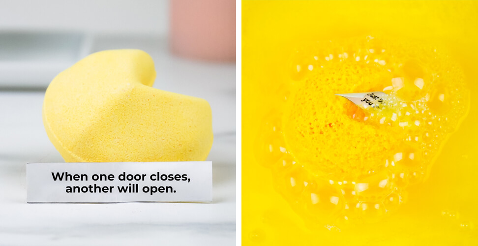 Fortune cookie bath bomb gift with hidden message inside &ndash; fun relaxing novelty bath treat for unique self-care