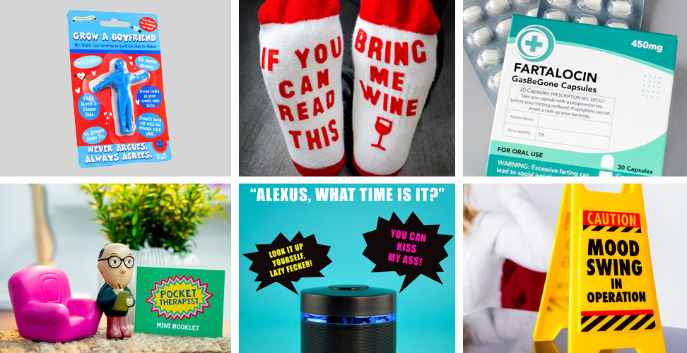 Selection of funny novelty White Elephant gifts including Grow Your Own Boyfriend kit, wine socks, fart mints, stress ball, Bad Alexus speaker, and Mood Swing sign