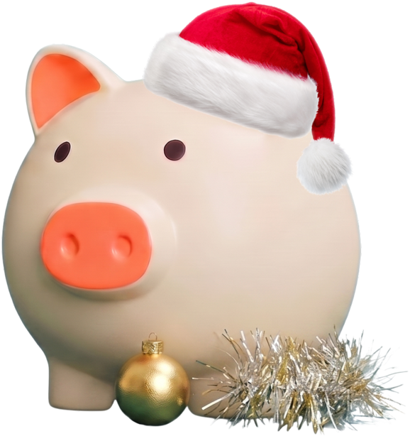 Christmas piggy bank in a Santa hat with a gold bauble and tinsel