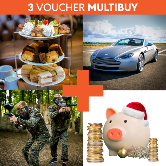 3 Voucher Multibuy: afternoon tea, a supercar drive, paintballing and a piggy bank in a Santa hat