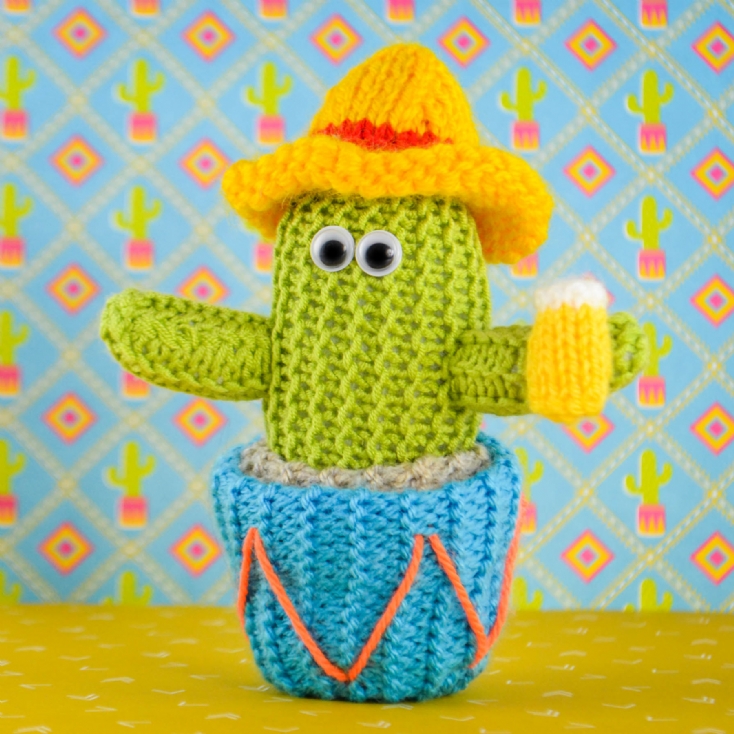 Hand Knitted Cactus Holding Beer