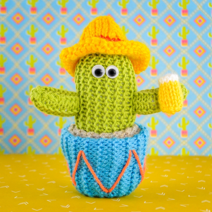 Hand Knitted Cactus Holding Beer