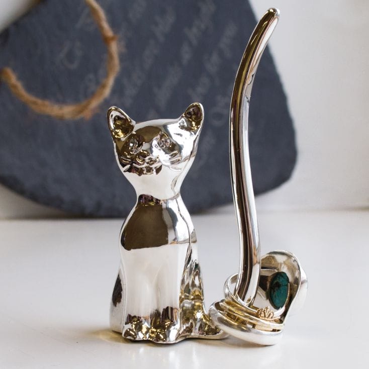 Standing Cat with Diamante Eyes & Long Tail  Black Plated Ring Holder 