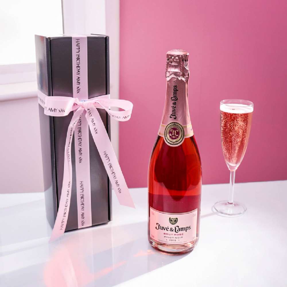 Rose Cava & Gift Box with Personalised Ribbon