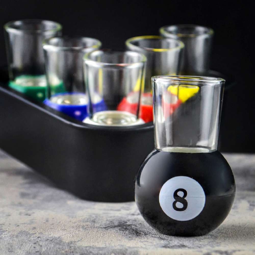 Pool Shot Glasses Set of 6 with Rack Tray