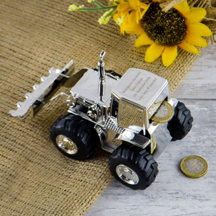 Silver tractor christening gift store