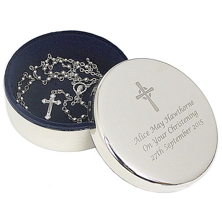 christening trinket box with rosary beads