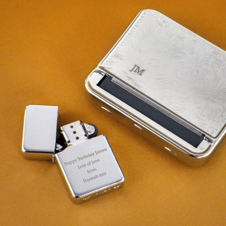 Personalised Tobacco Tin And Silver Lighter Set