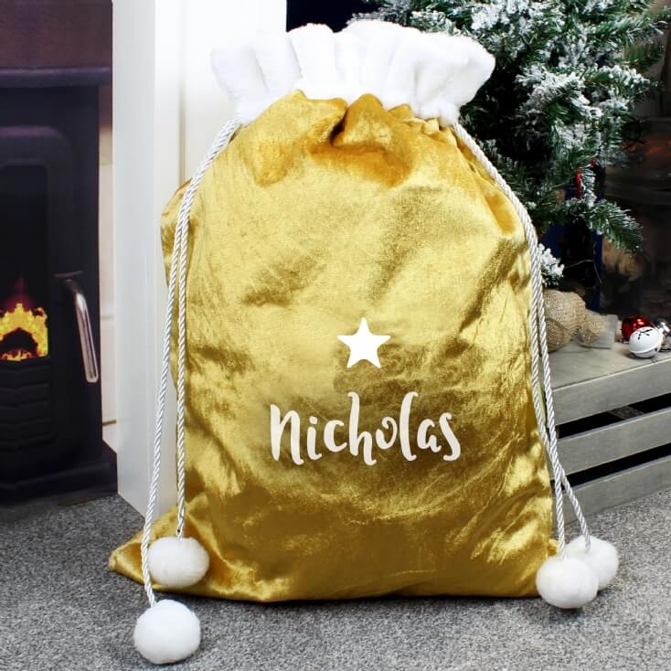 Personalised Name Only Gold Luxury Pom Pom Sack