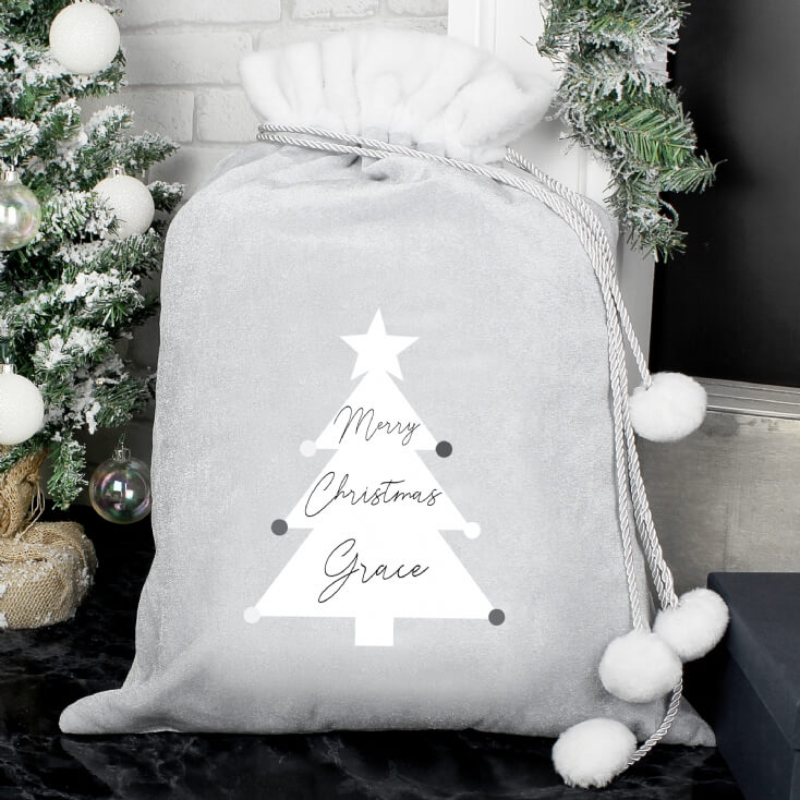 Personalised Christmas Tree Luxury Silver Grey Pom Pom Sack