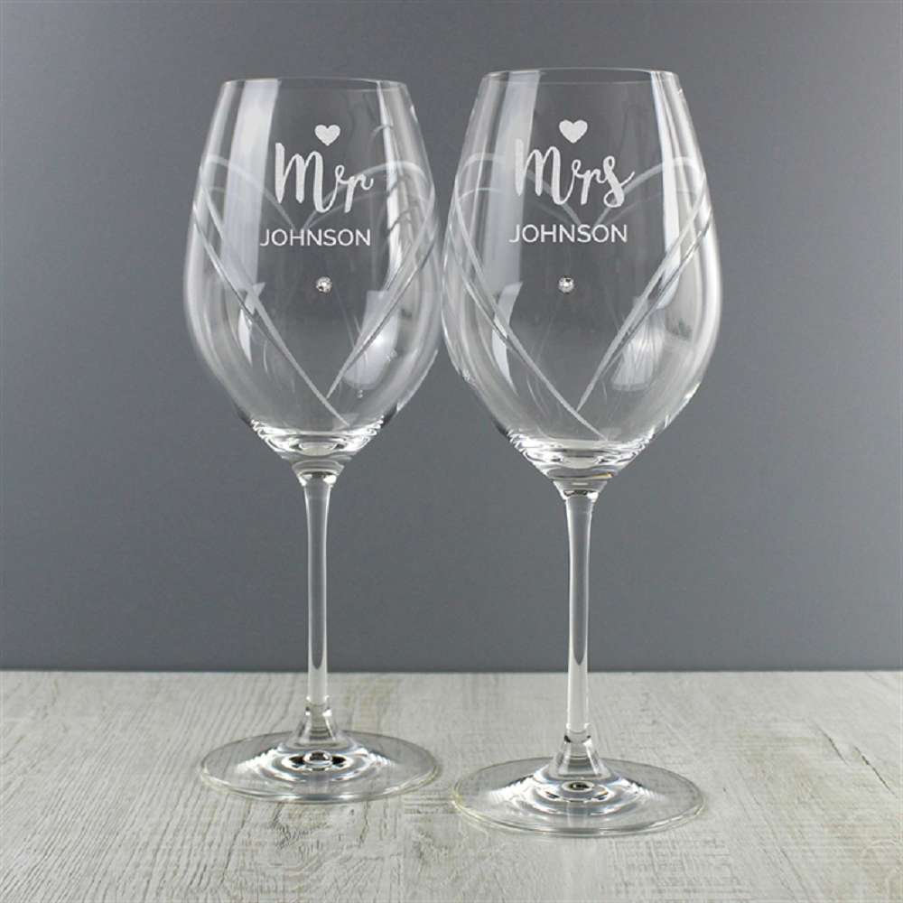 Personalised Mr & Mrs Hand Cut Wine Glasses