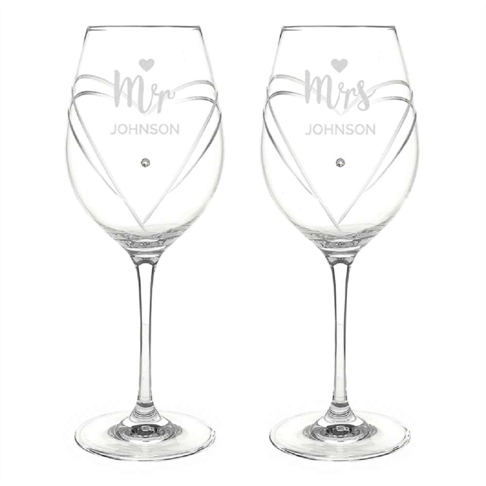 Mr & Mrs Personalised Hand Cut Wine Glasses
