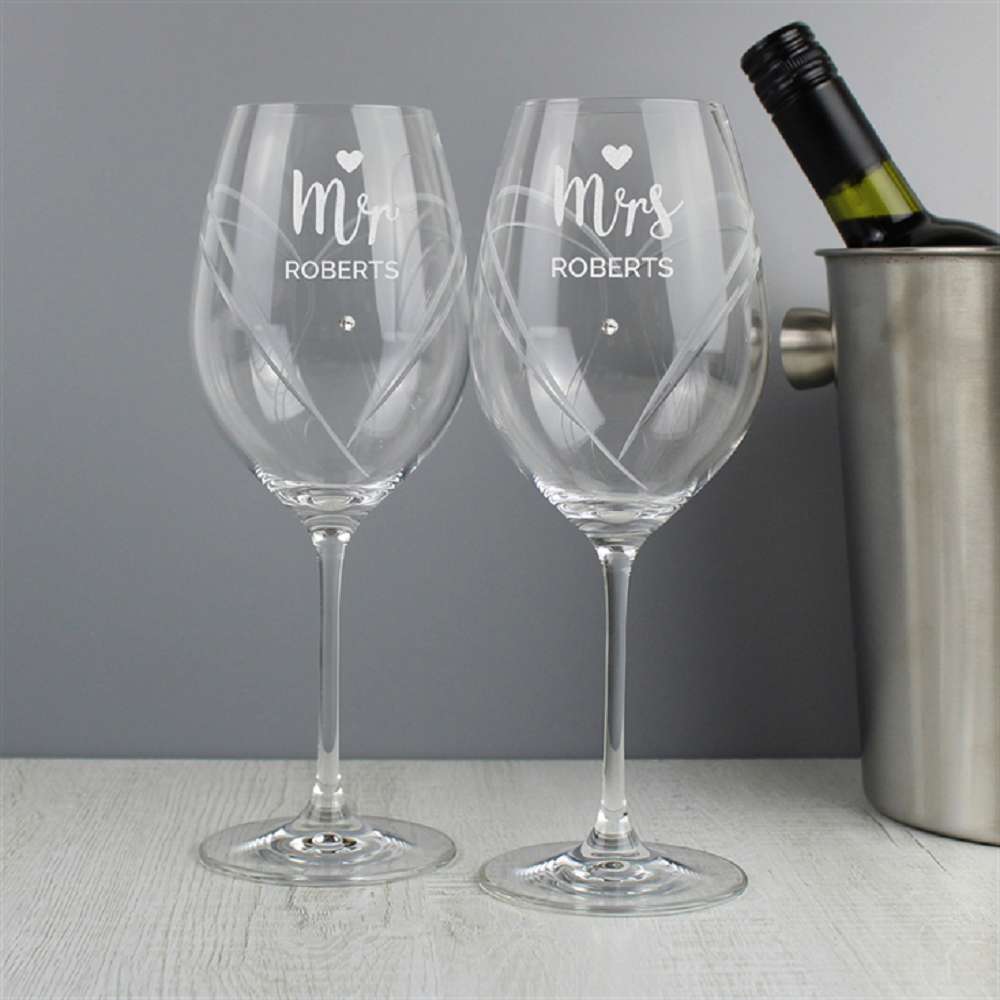 Mr & Mrs Personalised Hand Cut Wine Glasses