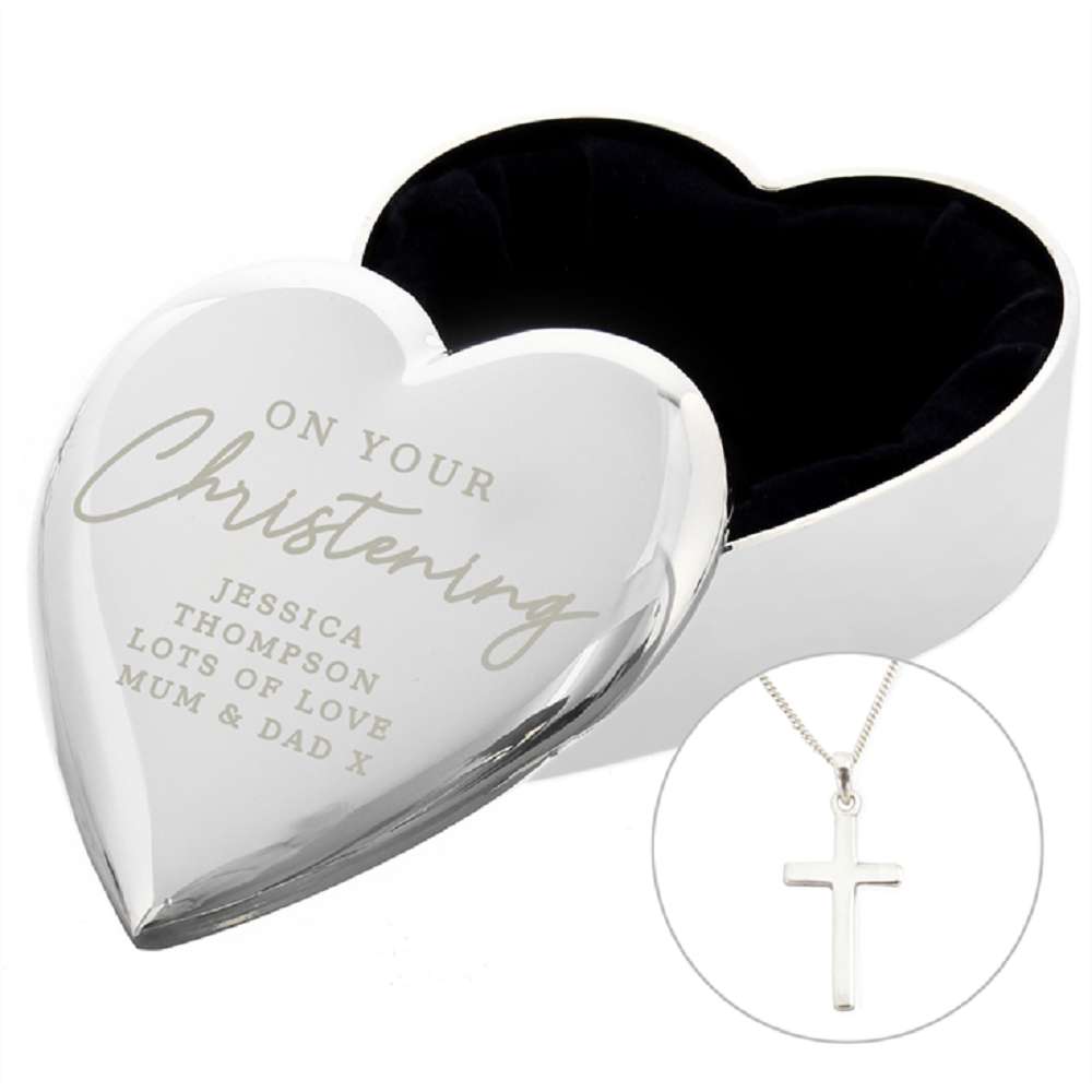 Personalised Christening Heart Trinket Box & Cross Necklace Set