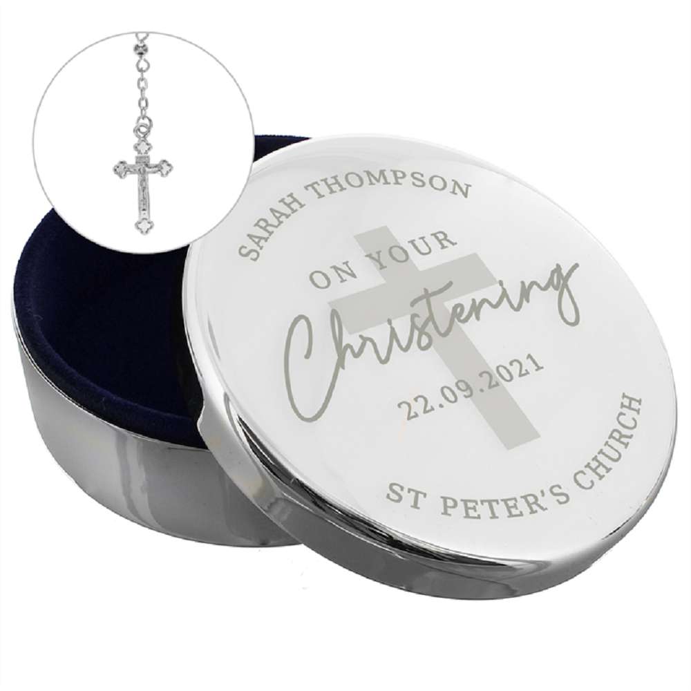 Personalised Christening Round Trinket Box & Rosary Beads Set