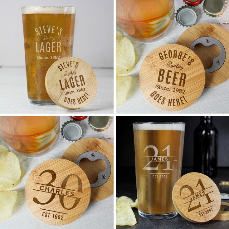 Personalised Pint Glass & Bamboo Bottle Opener Coaster Sets