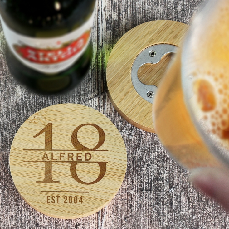 Personalised Pint Glass & Bamboo Bottle Opener Coaster Sets