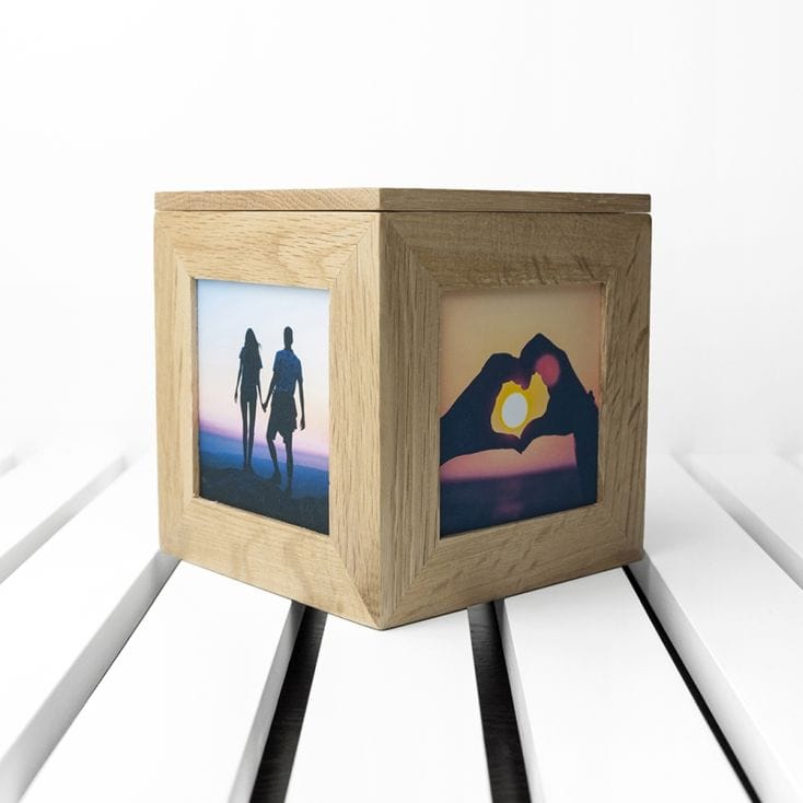 Engraved Couple's Names Oak Photo Cube