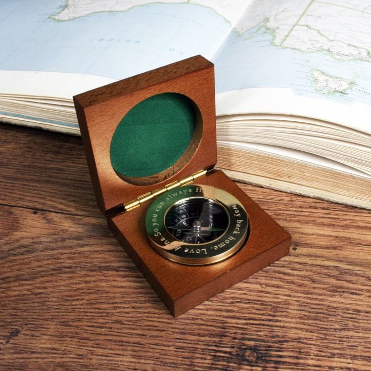 Personalised Brass Compass with Wooden Box