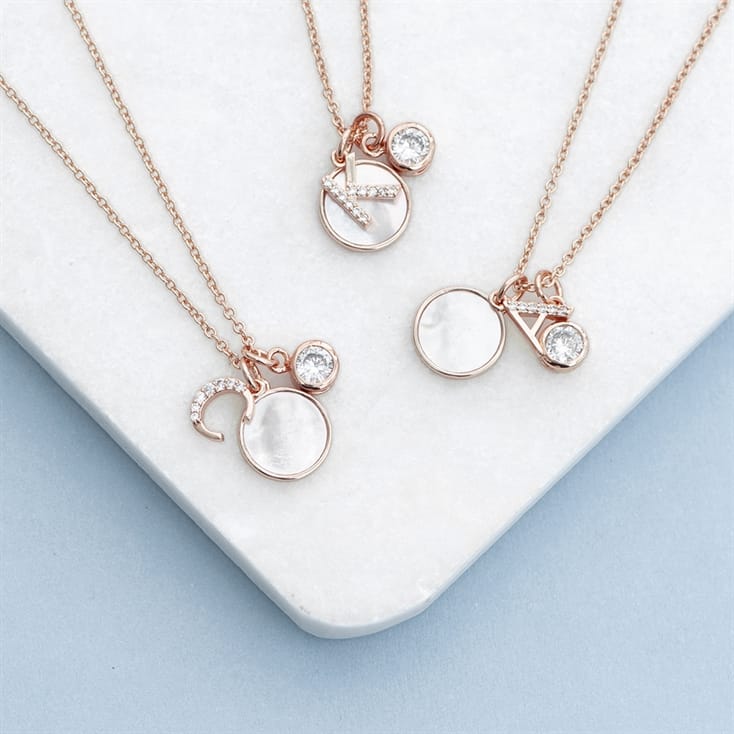 Rose Gold Initial Necklace with Mother of Pearl and Crystal Charms