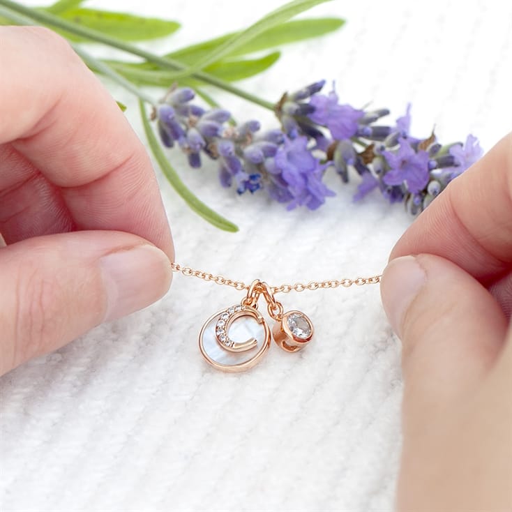 Personalised Rose Gold Initial Necklace with Mother of Pearl and Crystal Charms