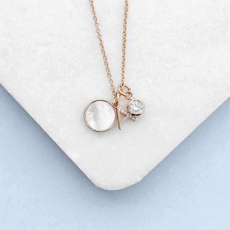 Personalised Rose Gold Initial Necklace with Mother of Pearl and Crystal Charms