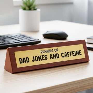 "Dad Running on Jokes and Caffeine" Wooden Desk Sign