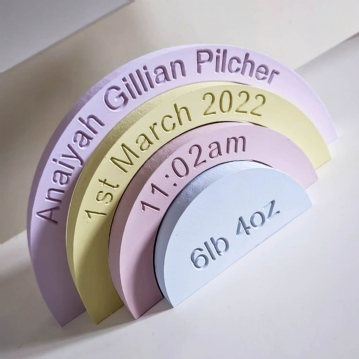 Personalised Handmade Baby Birth Details Wooden Rainbow Stacker