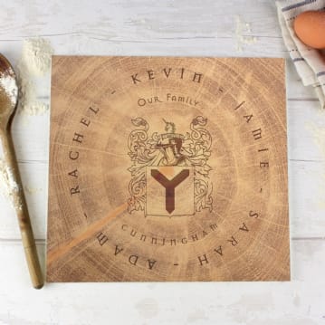 Personalised Wood Effect Family Tree Coat of Arms Chopping Board