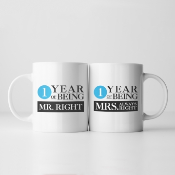 Set of Two 1 Year of Being Right Mr and Mrs Mugs