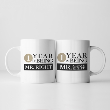 Set of Two 1 Year of Being Right Mr and Mrs Mugs