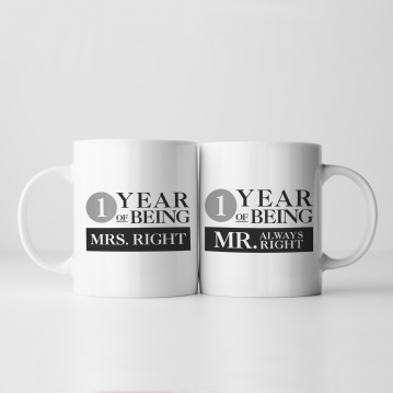 Set of Two 1 Year of Being Right Mr and Mrs Mugs