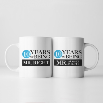 Set of Two 10 Years of Being Right Mr and Mrs Mugs