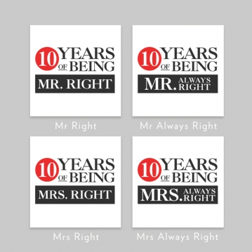 Set of Two 10 Years of Being Right Mr and Mrs Mugs