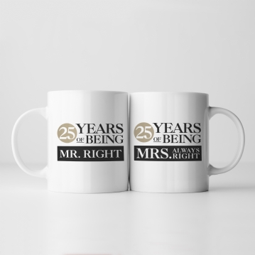 Set of Two 25 Years of Being Right Mr and Mrs Mugs