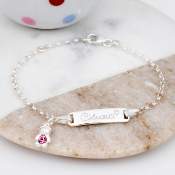 Personalised Sterling Silver Birthstone Teddy Christening Bracelets