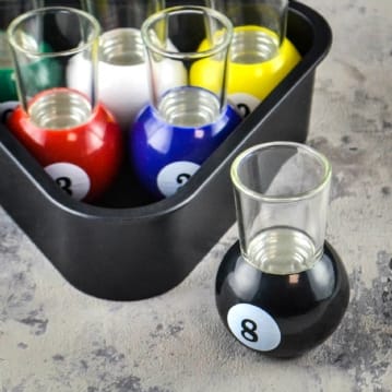 Pool Shot Glasses Set of 6 with Rack Tray