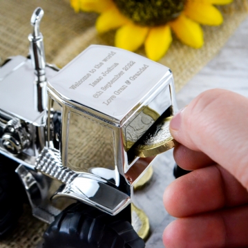 Silver Plated Personalised Tractor Money Box