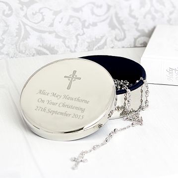 christening trinket box with rosary beads