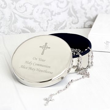 christening trinket box with rosary beads